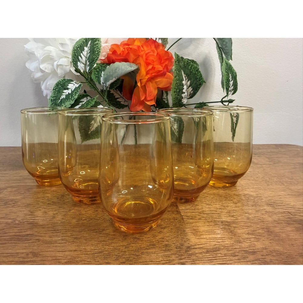 Vintage Amber Glass Tumblers Set of Five Retro Barware Mid‎ Century Drinkware